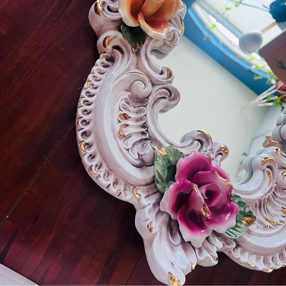 Vintage Hand‑Sculpted Italian Capodimonte Ceramic Mirror & Shelf Set